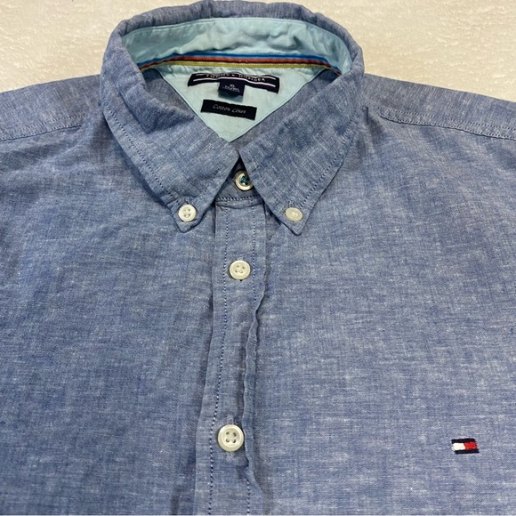 Tommy Hilfiger Shirt Men XL Chambray Short Sleeve Button Down Linen Blend - Picture 3 of 11